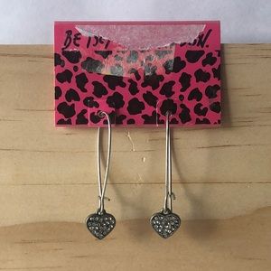 Betsey Johnson Silver Tone Heart Dangle Earrings